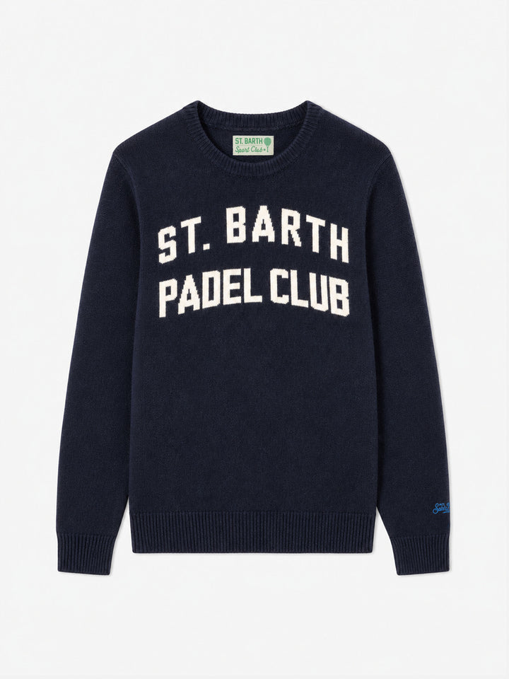 Navy blue Heron crewneck sweater with St. Barth Padel Club jacquard