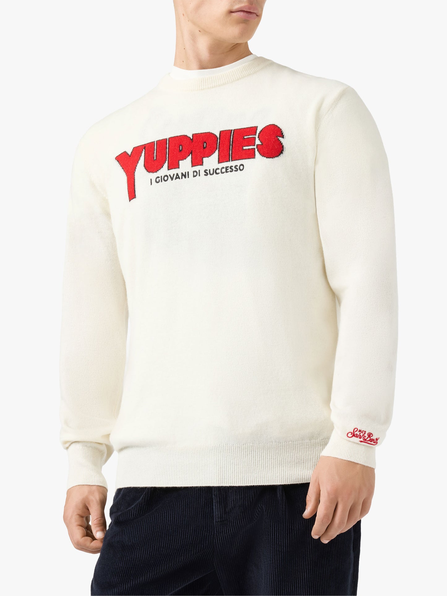 Pull col rond Heron Light en blanc avec jacquard et broderie Yuppies | YUPPIES SPECIAL EDITION 