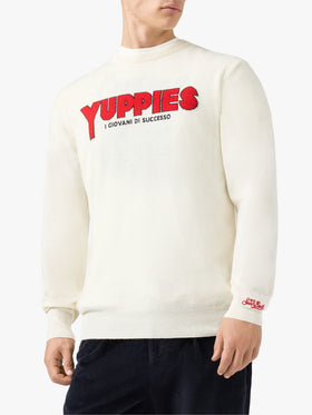 Pull col rond Heron Light en blanc avec jacquard et broderie Yuppies | YUPPIES SPECIAL EDITION 
