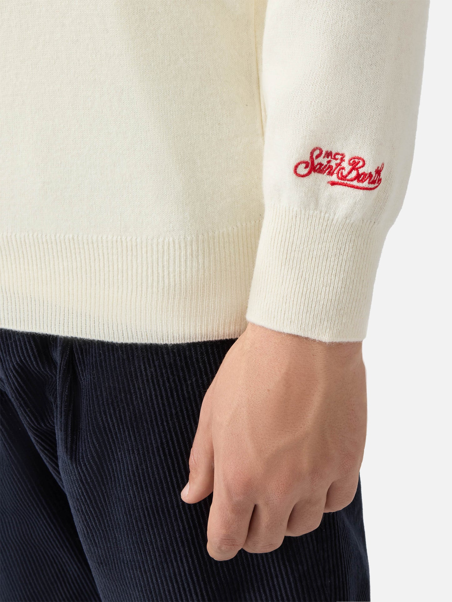Pull col rond Heron Light en blanc avec jacquard et broderie Yuppies | YUPPIES SPECIAL EDITION 