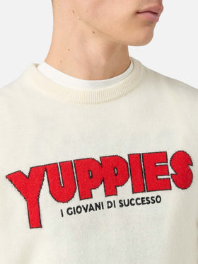 Pull col rond Heron Light en blanc avec jacquard et broderie Yuppies | YUPPIES SPECIAL EDITION 