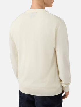 Pull col rond Heron Light en blanc avec jacquard et broderie Yuppies | YUPPIES SPECIAL EDITION 