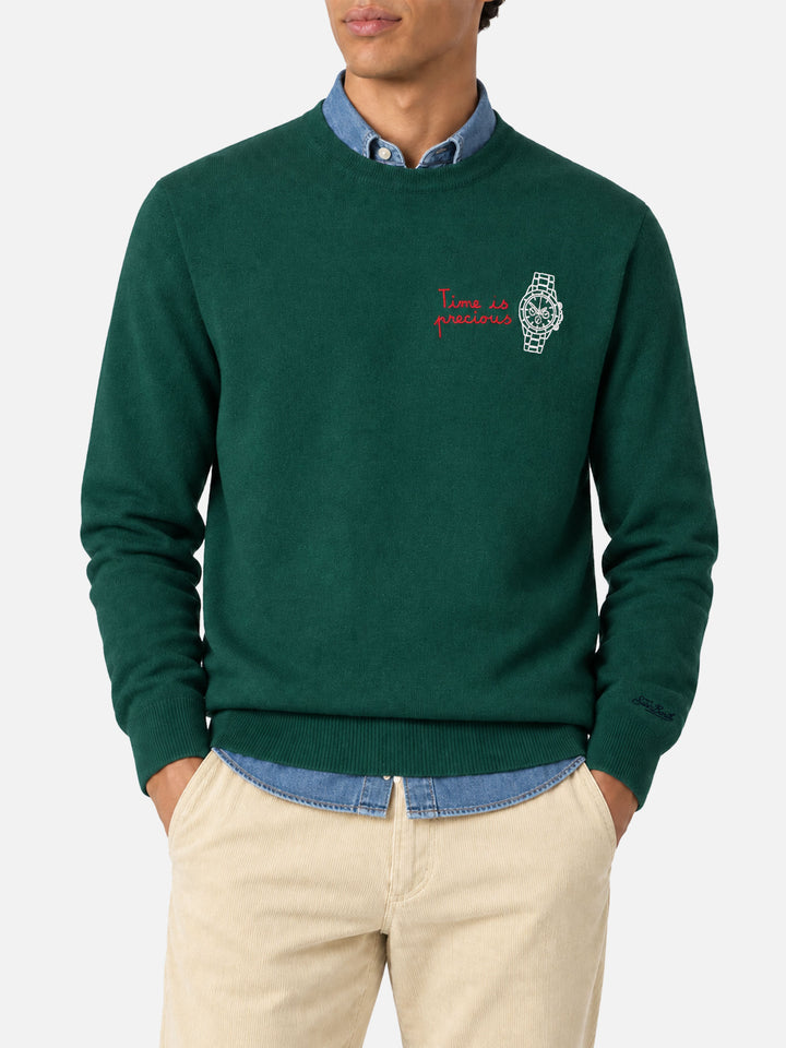 Maglione Heron Light verde scuro con ricamo Time is precious