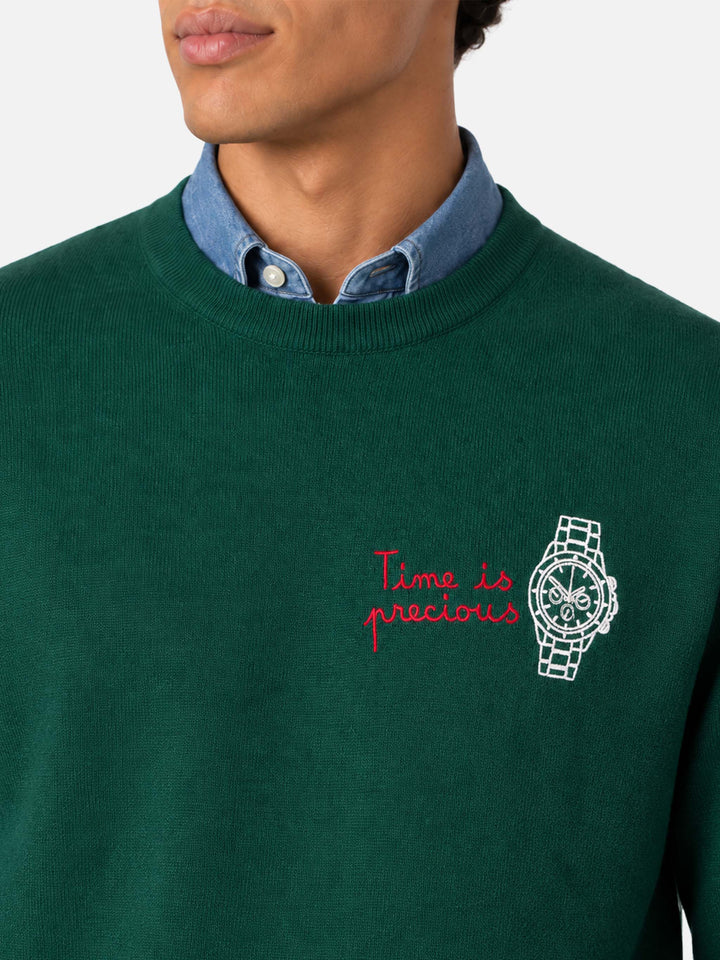 Maglione Heron Light verde scuro con ricamo Time is precious
