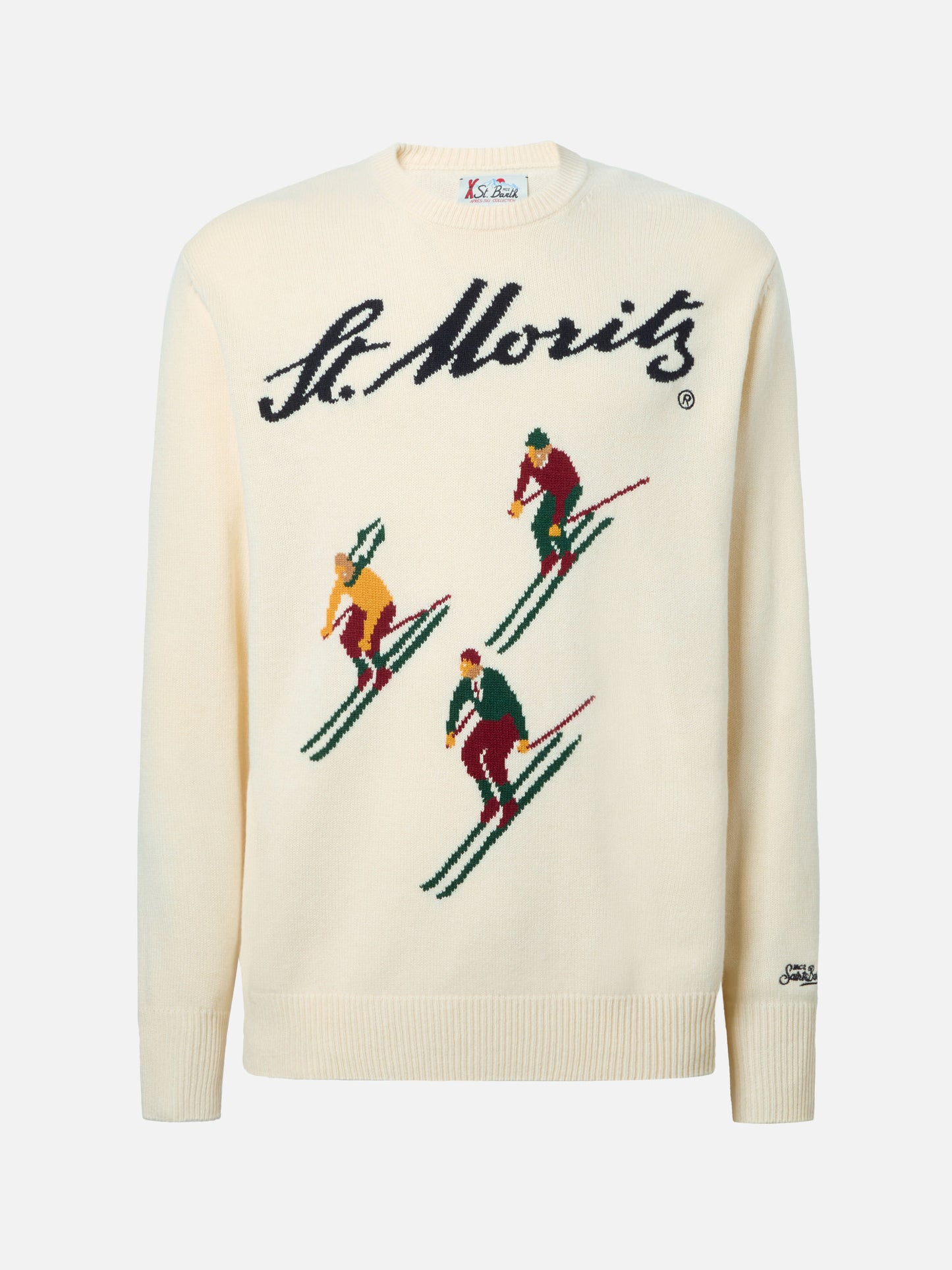 Heron sweater in white with St. Moritz Ski postcard jacquard