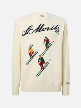 Heron sweater in white with St. Moritz Ski postcard jacquard