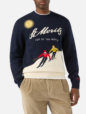 Maglia girocollo Heron blu navy con intarsio e ricamo St. Moritz | Special edition