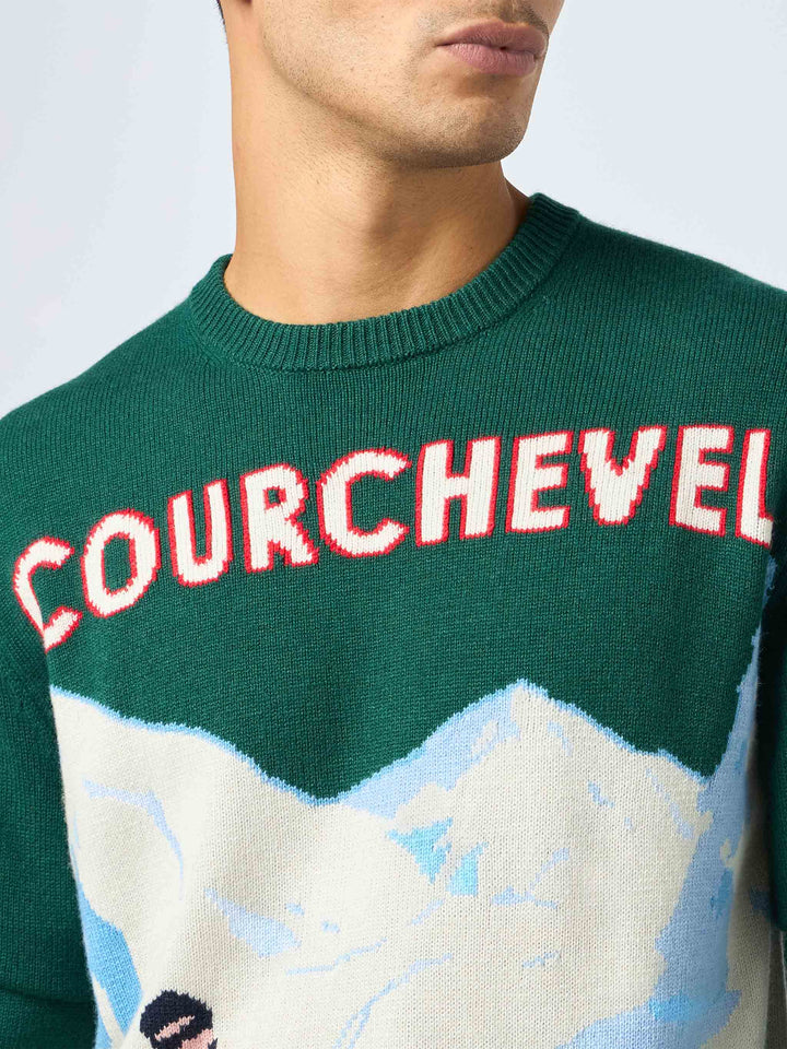 Man green sweater Heron with Courchevel skiers postcard print - MC2 Saint Barth