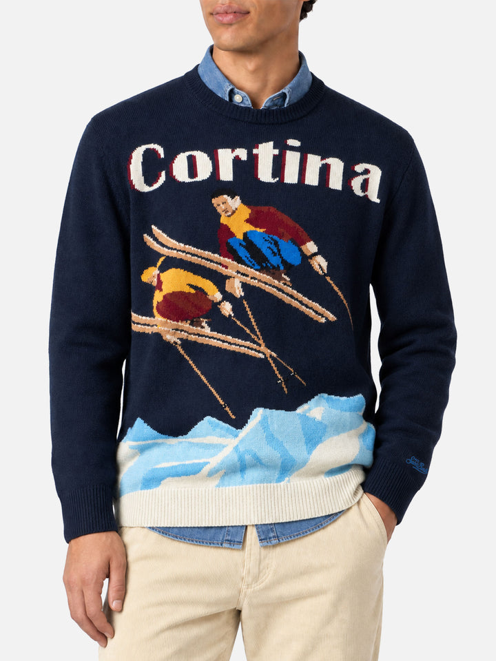 Crewneck sweater Heron with Cortina postcard jacquard
