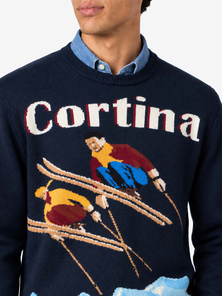 Crewneck sweater Heron with Cortina postcard jacquard