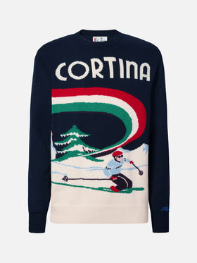 Heron sweater in blue with Cortina postcard jacquard