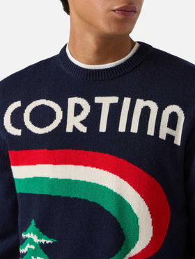 Heron sweater in blue with Cortina postcard jacquard