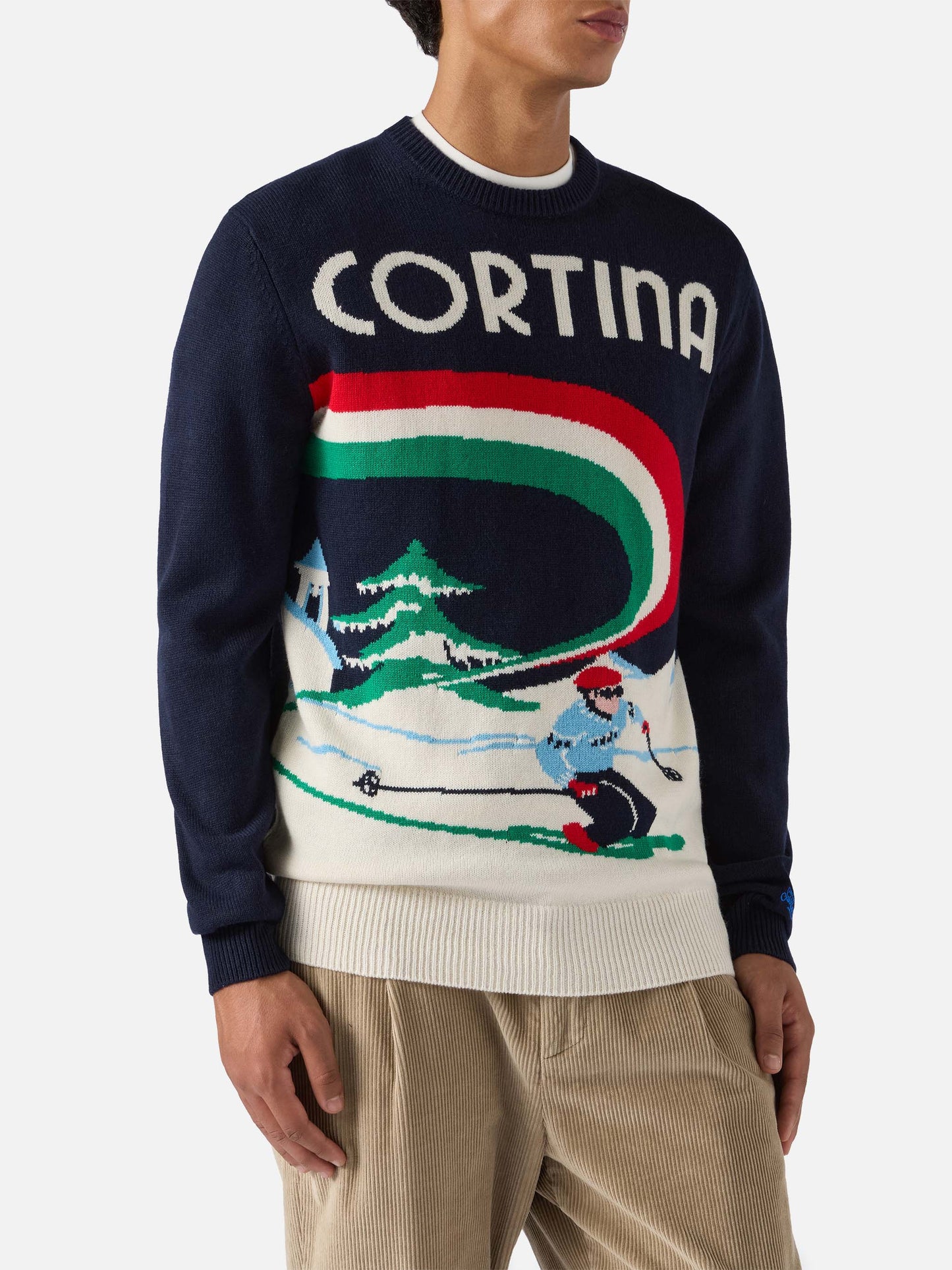 Heron sweater in blue with Cortina postcard jacquard