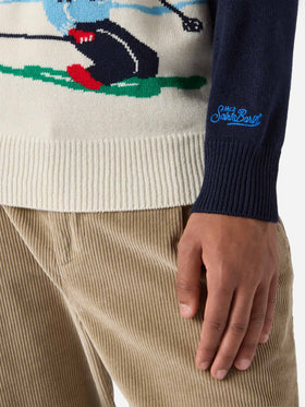 Heron sweater in blue with Cortina postcard jacquard