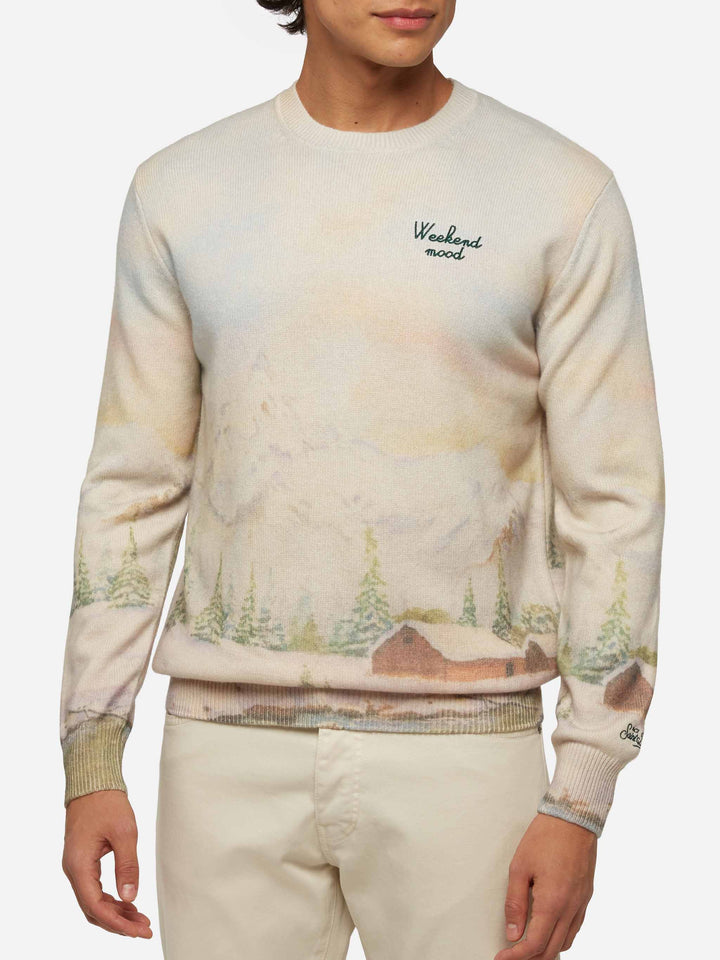 Crewneck sweater Heron with landscape print and Weekend mood embroidery - MC2 Saint Barth