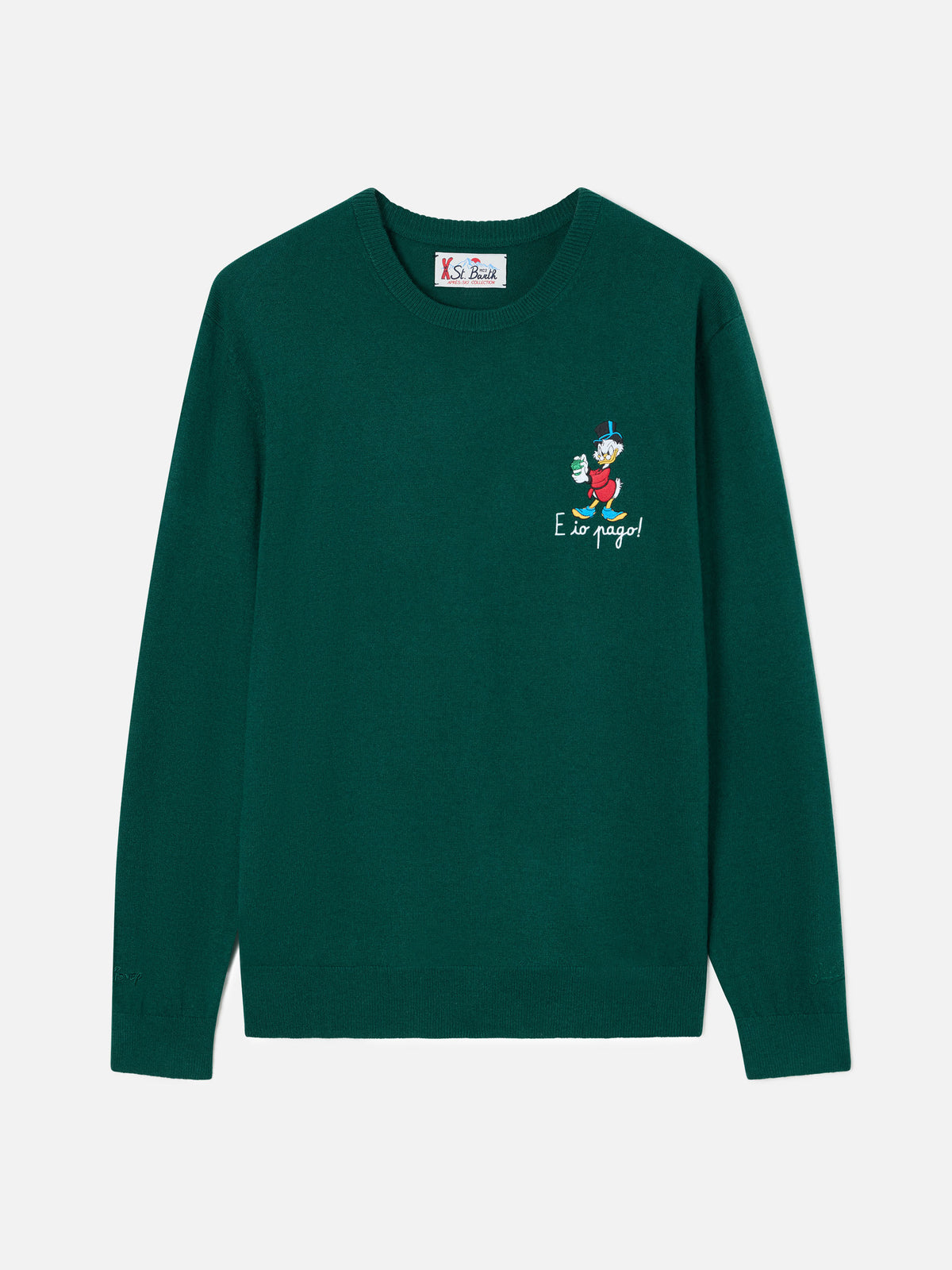 Green Heron Jersey de cuello redondo en mezcla de lana ligera y cachemira con bordado de Scrooge McDuck | Special edition 