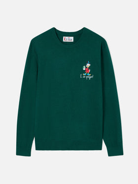Green Heron Jersey de cuello redondo en mezcla de lana ligera y cachemira con bordado de Scrooge McDuck | Special edition 