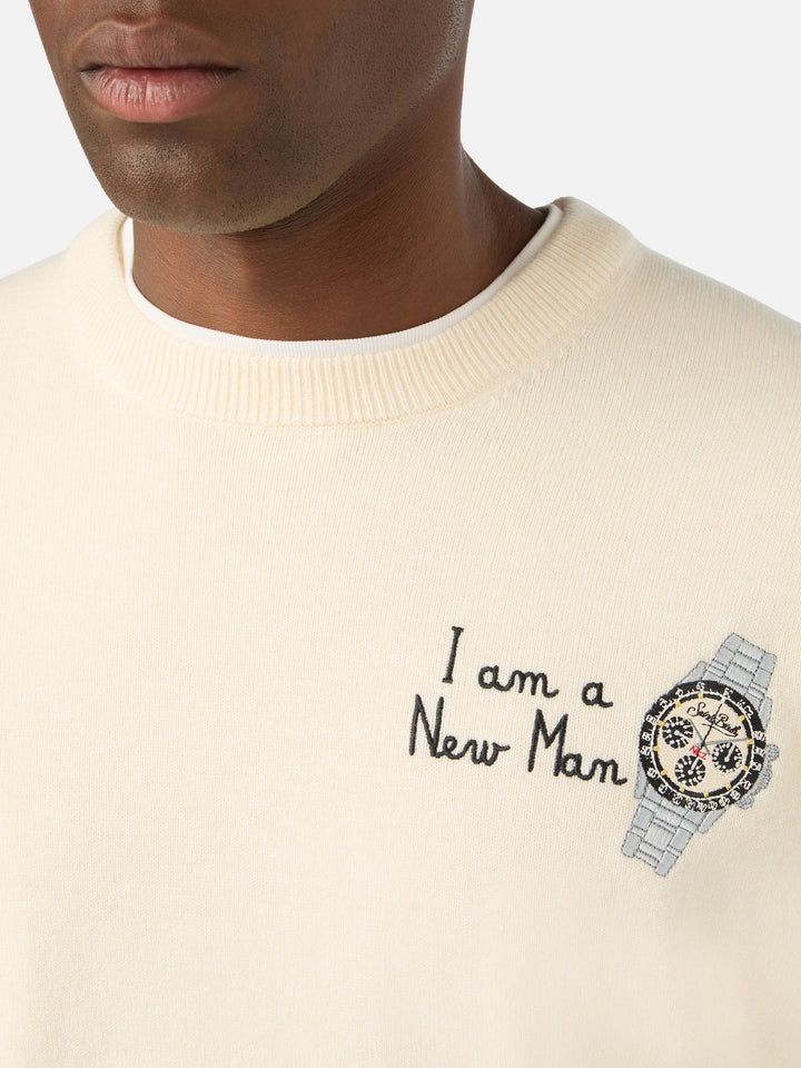 Maglia girocollo Heron Light grigia in misto lana e cashmere con ricamo I Am A New Man