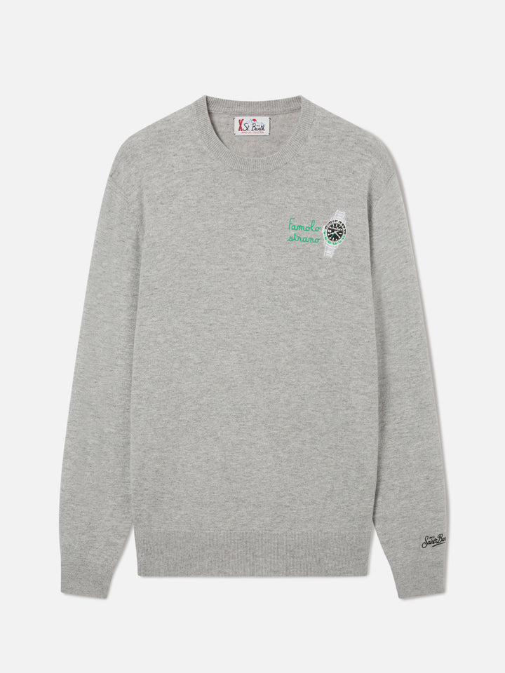 Grey Heron Light wool and cashmere blend crewneck with Famola Strana embroidery