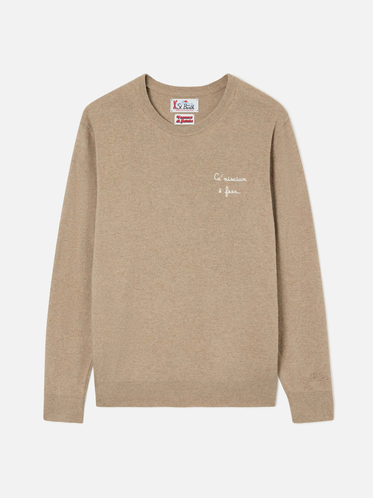 Beige Heron Light wool and cashmere blend crewneck with Ca' Nisciun È Fess embroidery | Special edition