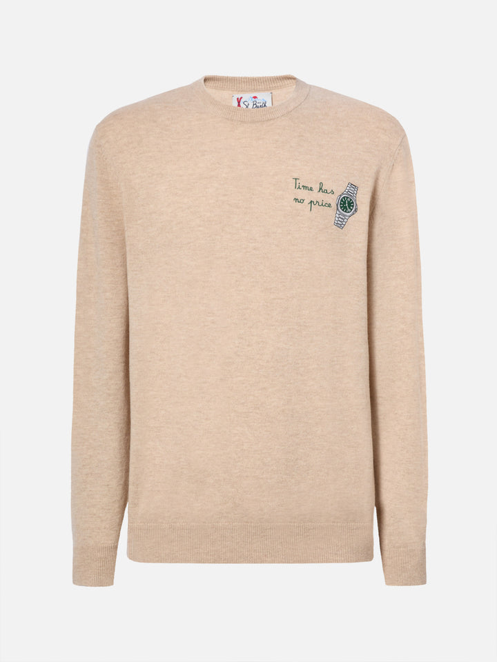 Maglione a girocollo Heron Light con ricamo orologio Time has no price