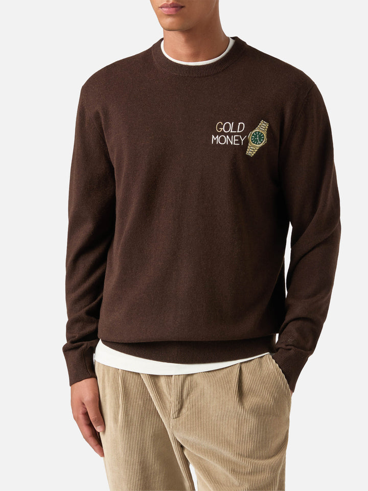 Jersey de cuello redondo Brown Heron en mezcla de lana ligera y cachemira con bordado Gold Money 