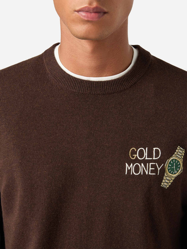 Jersey de cuello redondo Brown Heron en mezcla de lana ligera y cachemira con bordado Gold Money 
