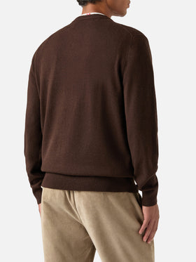 Maglia girocollo Heron Light marrone in misto lana e cashmere con ricamo Gold Money