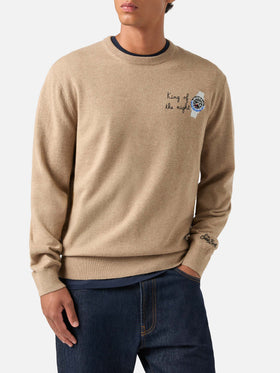 Beige Heron Light wool and cashmere blend crewneck with King Of The Night embroidery