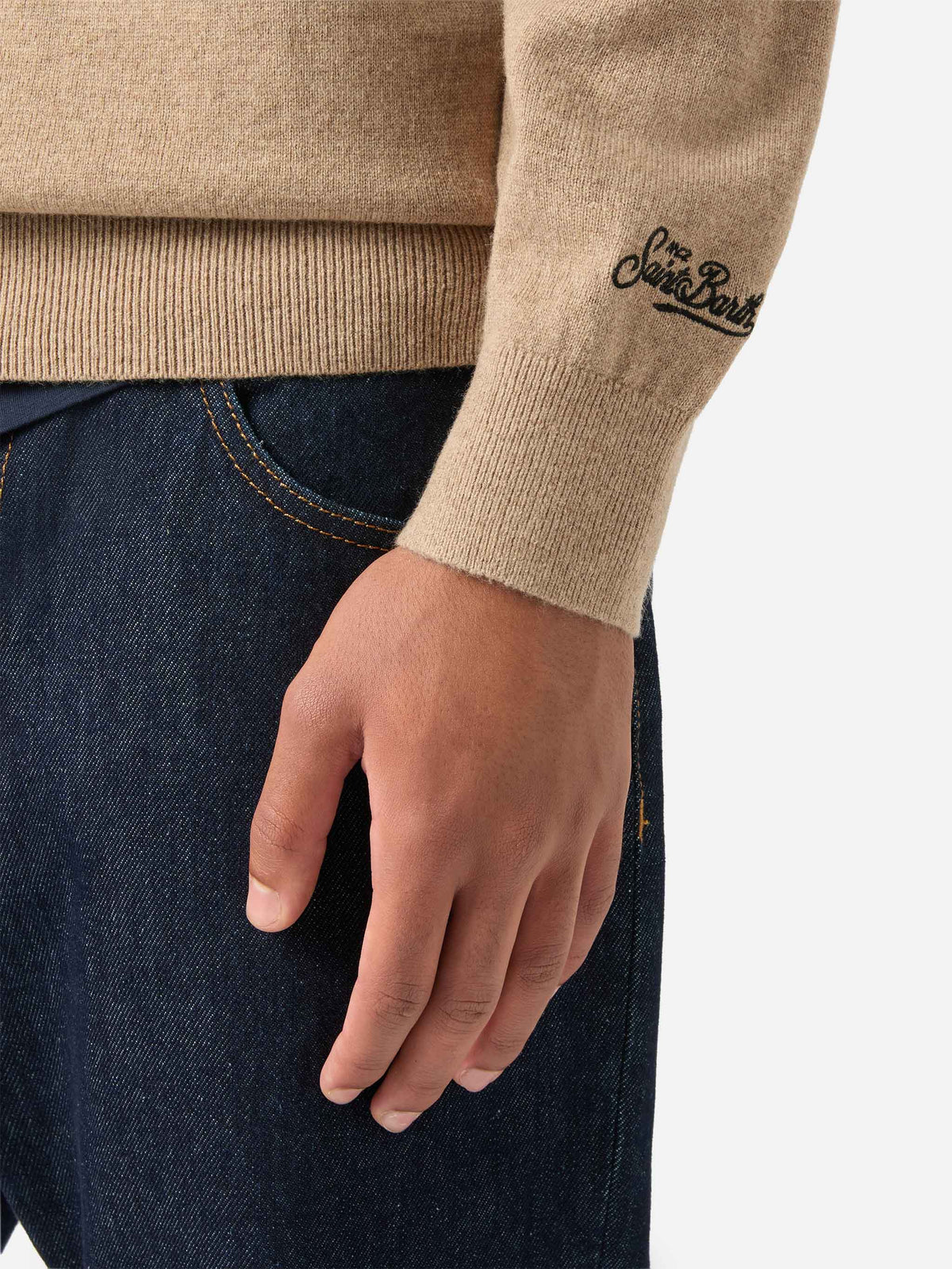 Beige Heron Light wool and cashmere blend crewneck with King Of The Night embroidery
