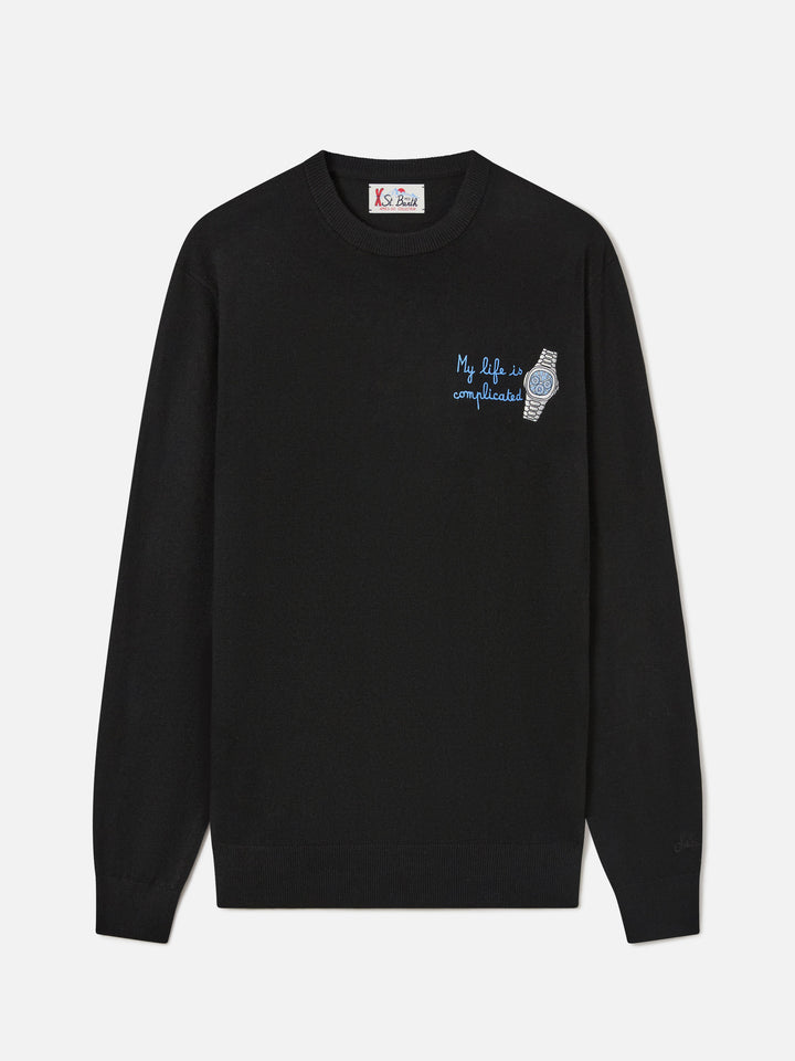 Black Heron Light wool and cashmere blend crewneck with My Life Is Complicated embroidery