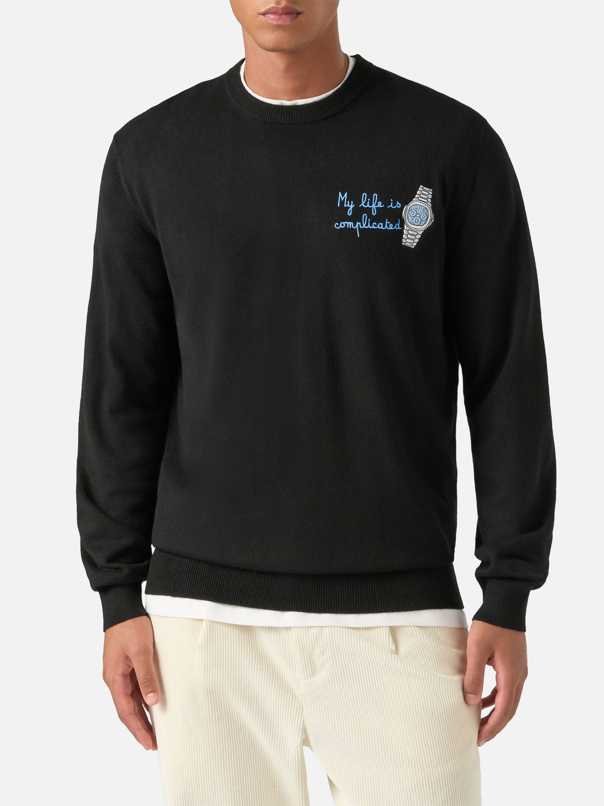 Black Heron Light wool and cashmere blend crewneck with My Life Is Complicated embroidery