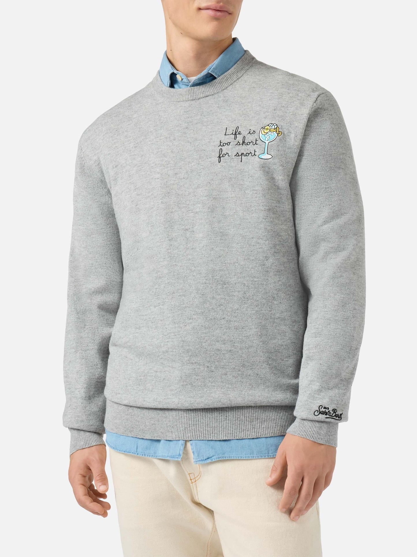 Maglione a girocollo Heron Light con ricamo Life is too short for sport