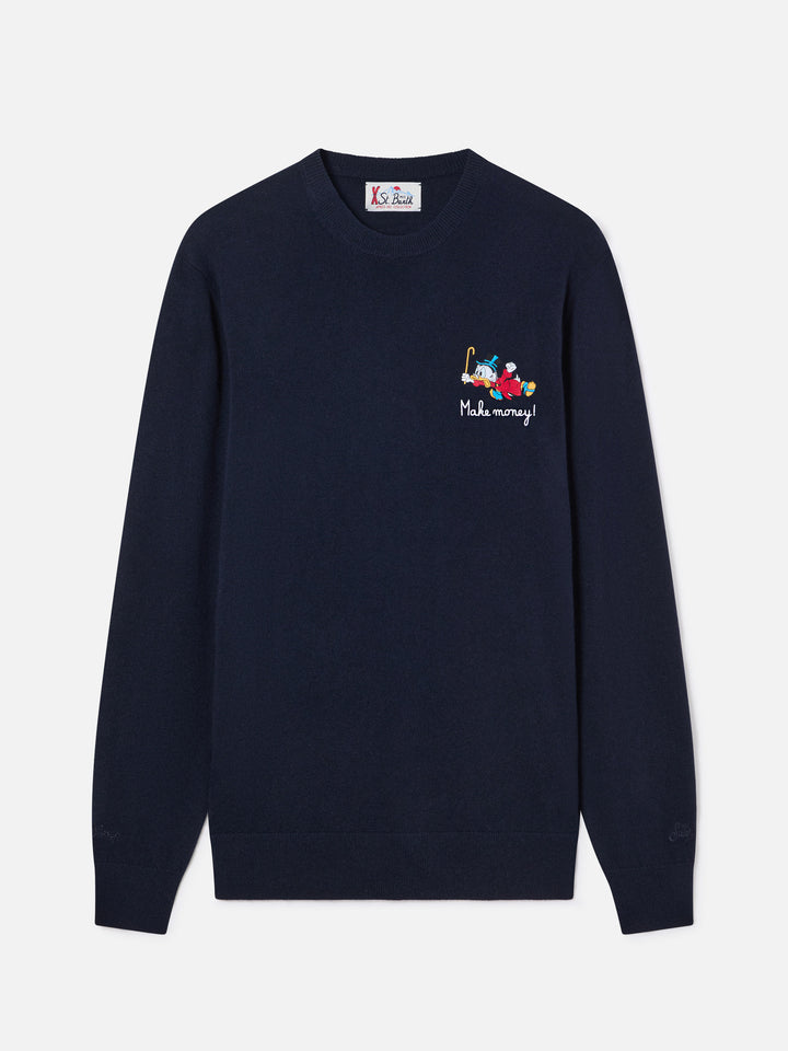 Azul marino blue Heron jersey de cuello redondo en mezcla ligera de lana y cachemira con bordado de Scrooge McDuck | Special edition 