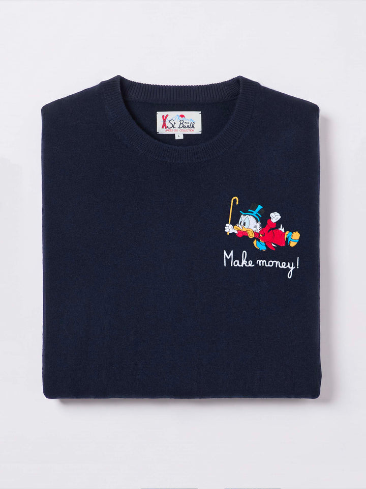 Heron bleu marine blue col rond en mélange léger de laine et cachemire avec broderie Scrooge McDuck | Special edition 