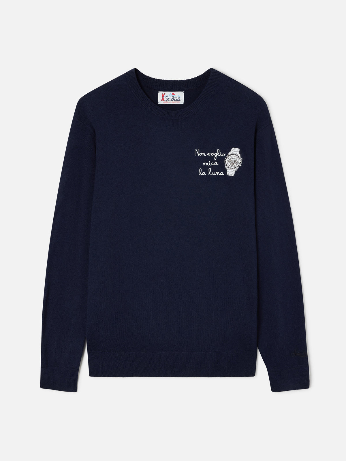 Navy blue Heron Light wool and cashmere blend crewneck with Non Voglio Mica La Luna embroidery