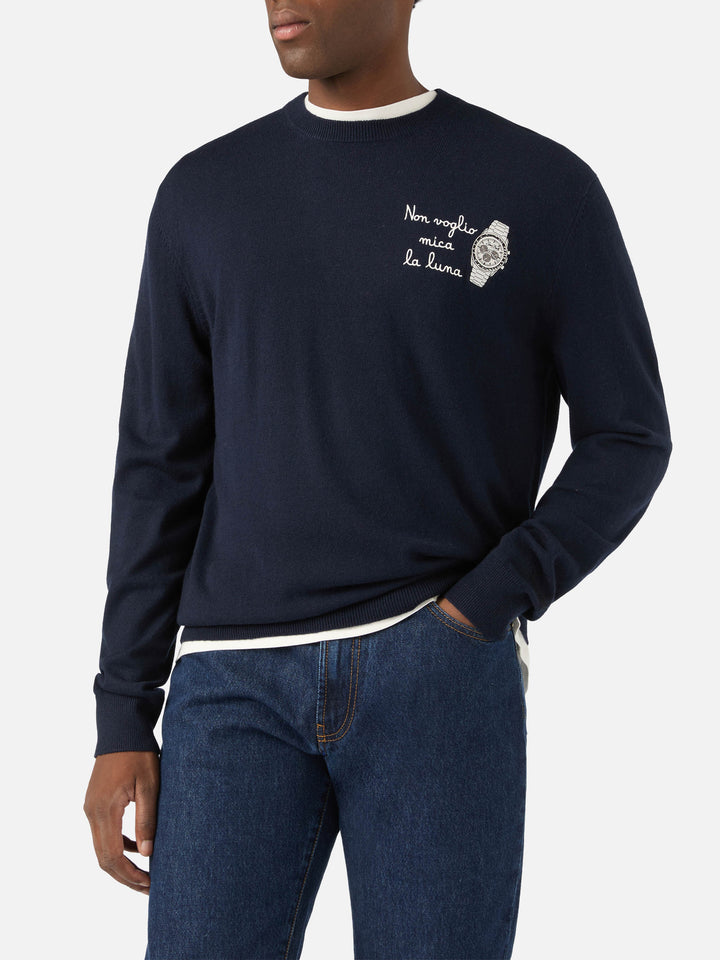 Pull ras-du-cou Heron Light en mélange de laine et cachemire Navy blue avec broderie Non Voglio Mica La Luna 