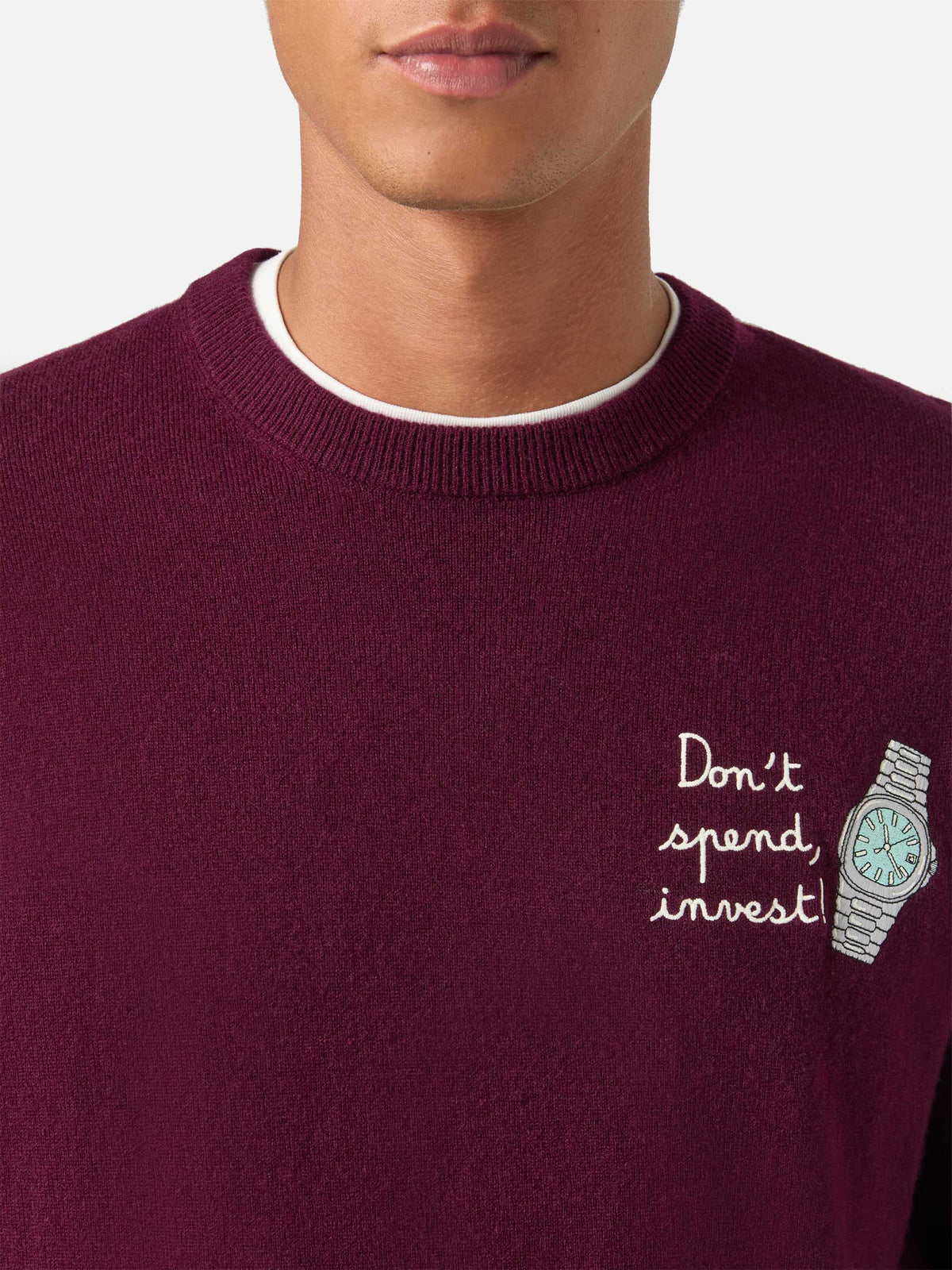 Burgundy Heron Light wool and cashmere blend crewneck with Don't Spend, Invest embroidery