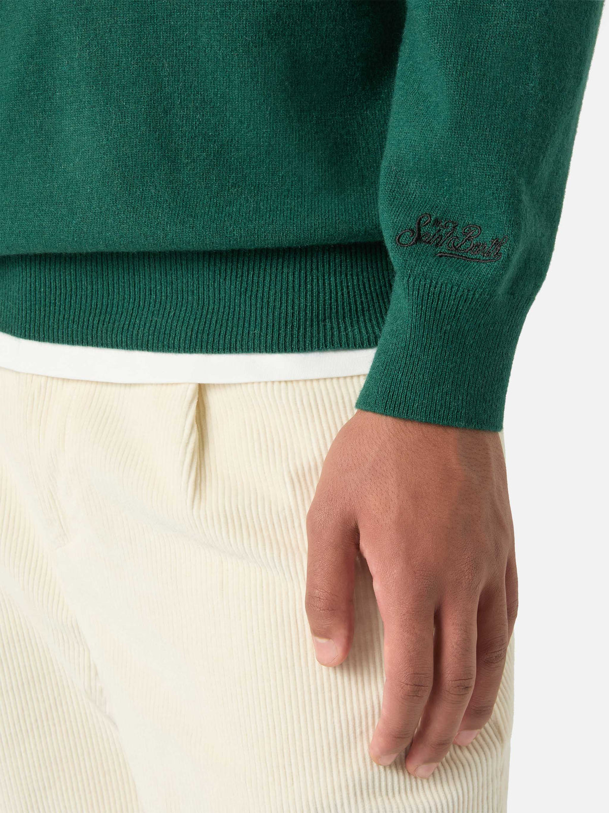 Green Heron Jersey de cuello redondo en mezcla de lana ligera y cachemira con bordado de Snoopy | Special edition 
