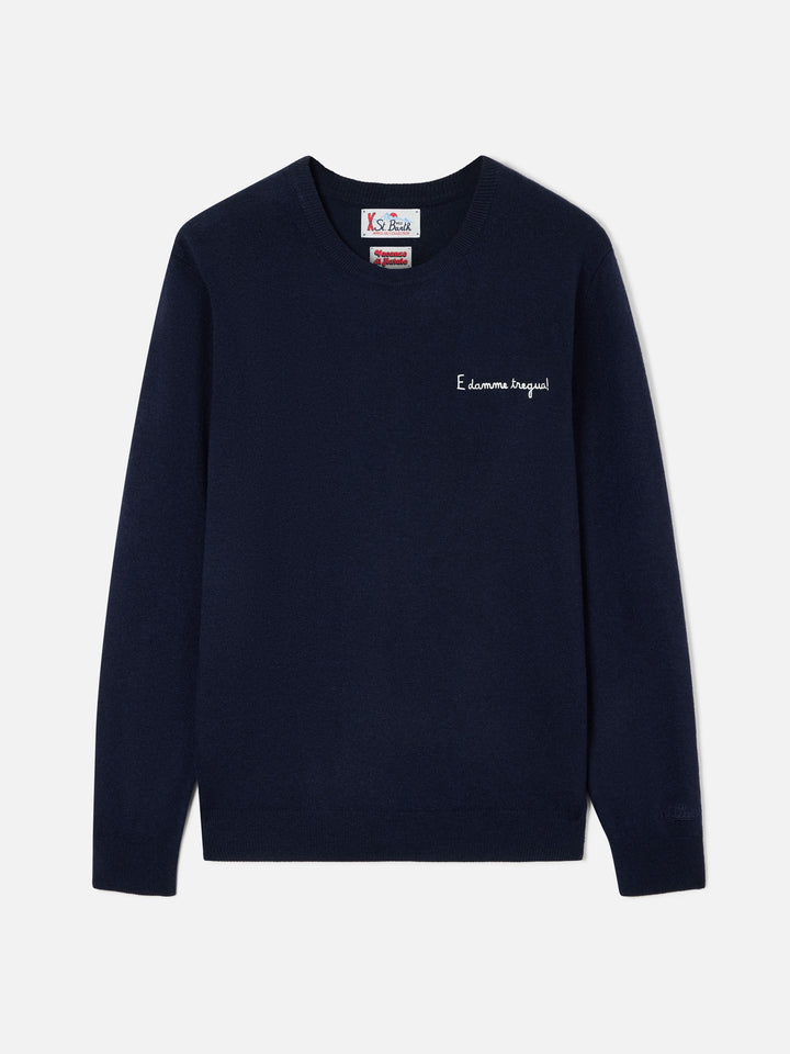 Navy blue Heron Rundhalsausschnitt aus leichtem Wolle-Kaschmir-Mix mit E Damme Tregua-Stickerei | Special edition 