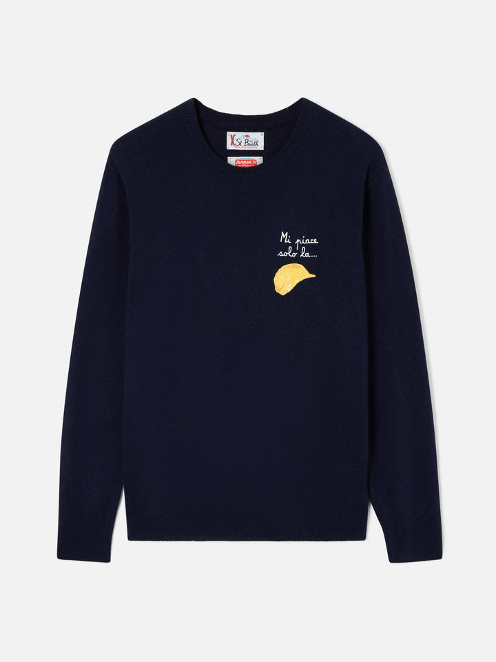 Bleu marine blue Heron col rond en mélange de laine légère et cachemire avec broderie Amica Chips | Special edition 
