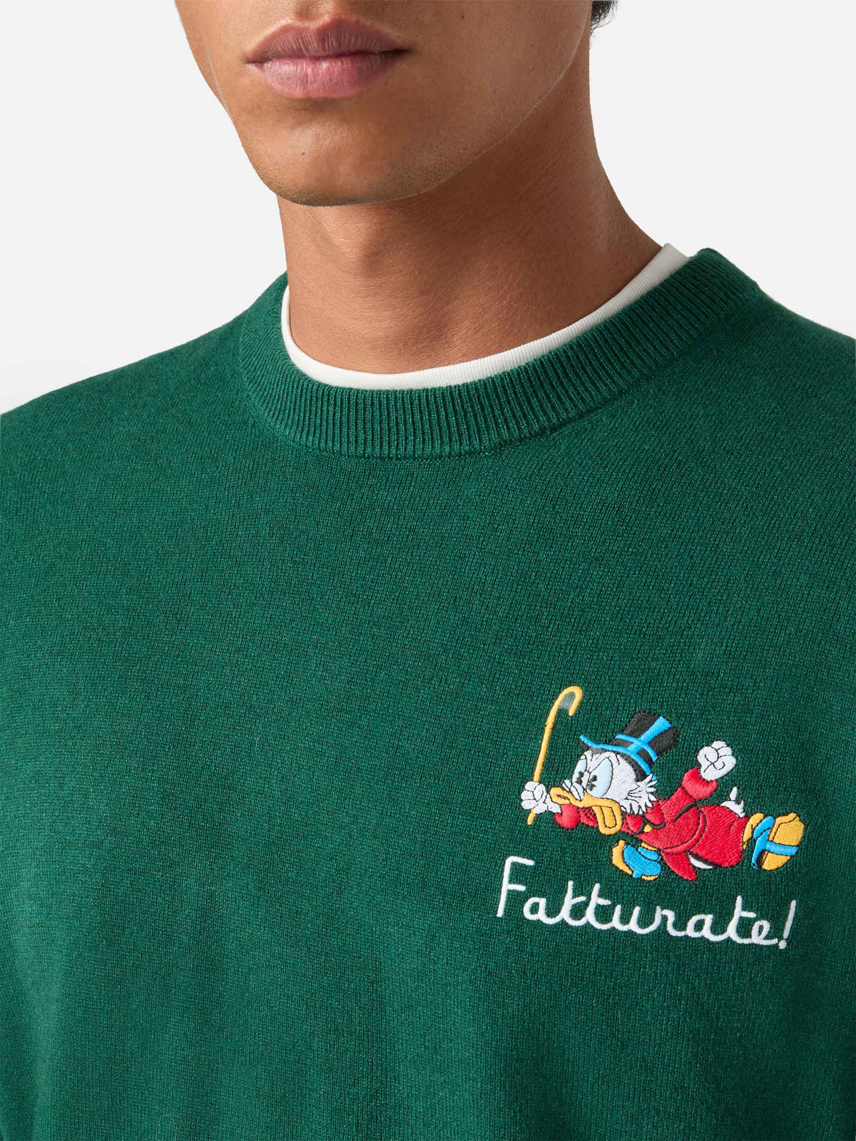 Green Heron jersey de cuello redondo en mezcla de lana ligera y cachemir con bordado de Scrooge McDuck | Special edition 