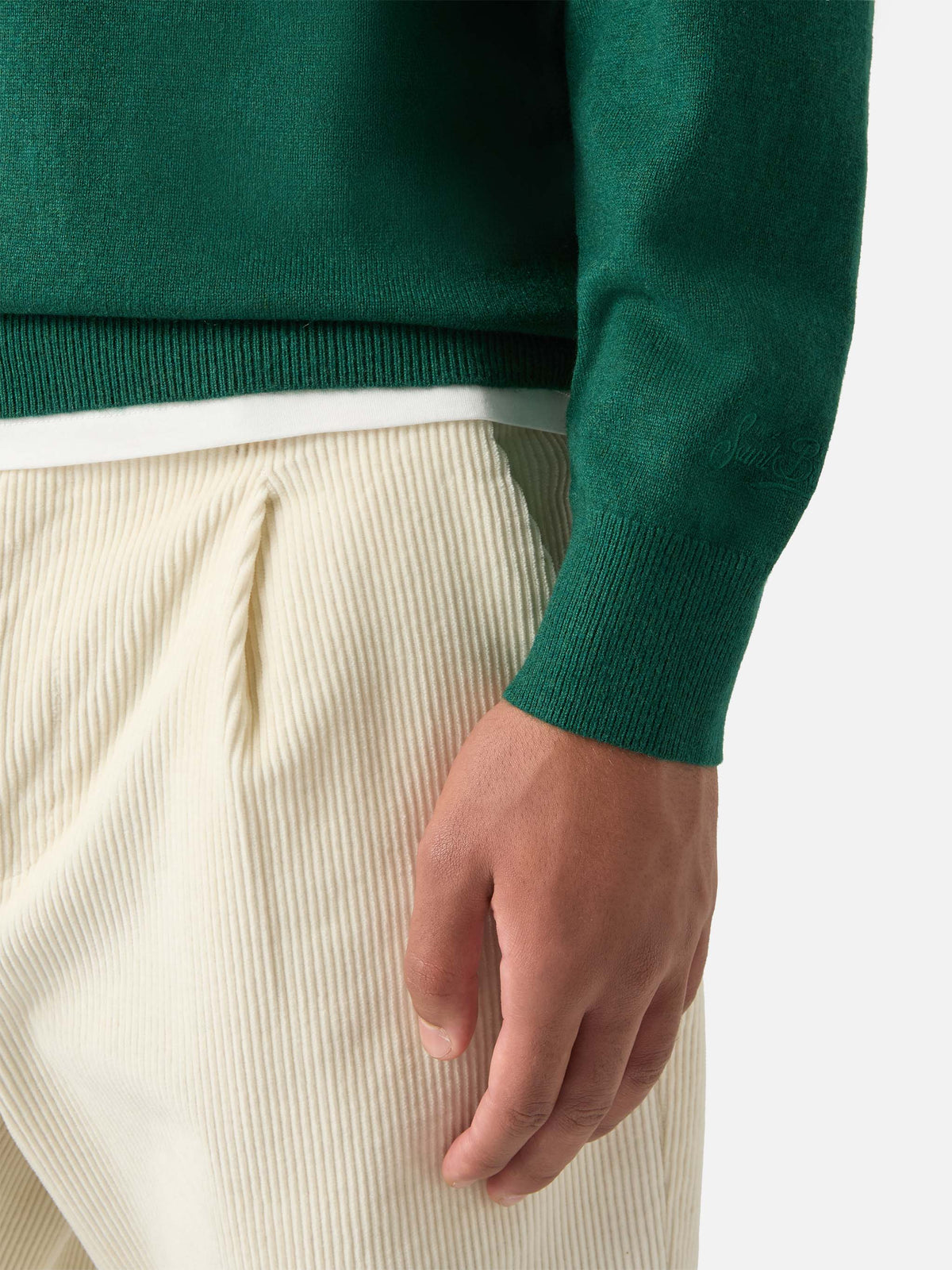 Green Heron jersey de cuello redondo en mezcla de lana ligera y cachemir con bordado de Scrooge McDuck | Special edition 