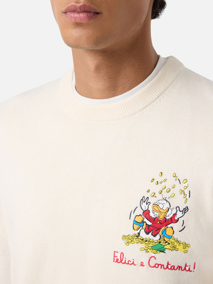 Pull ras du cou Heron Light blanc cassé en mélange de laine et cachemire avec broderie Scrooge McDuck | Special edition 