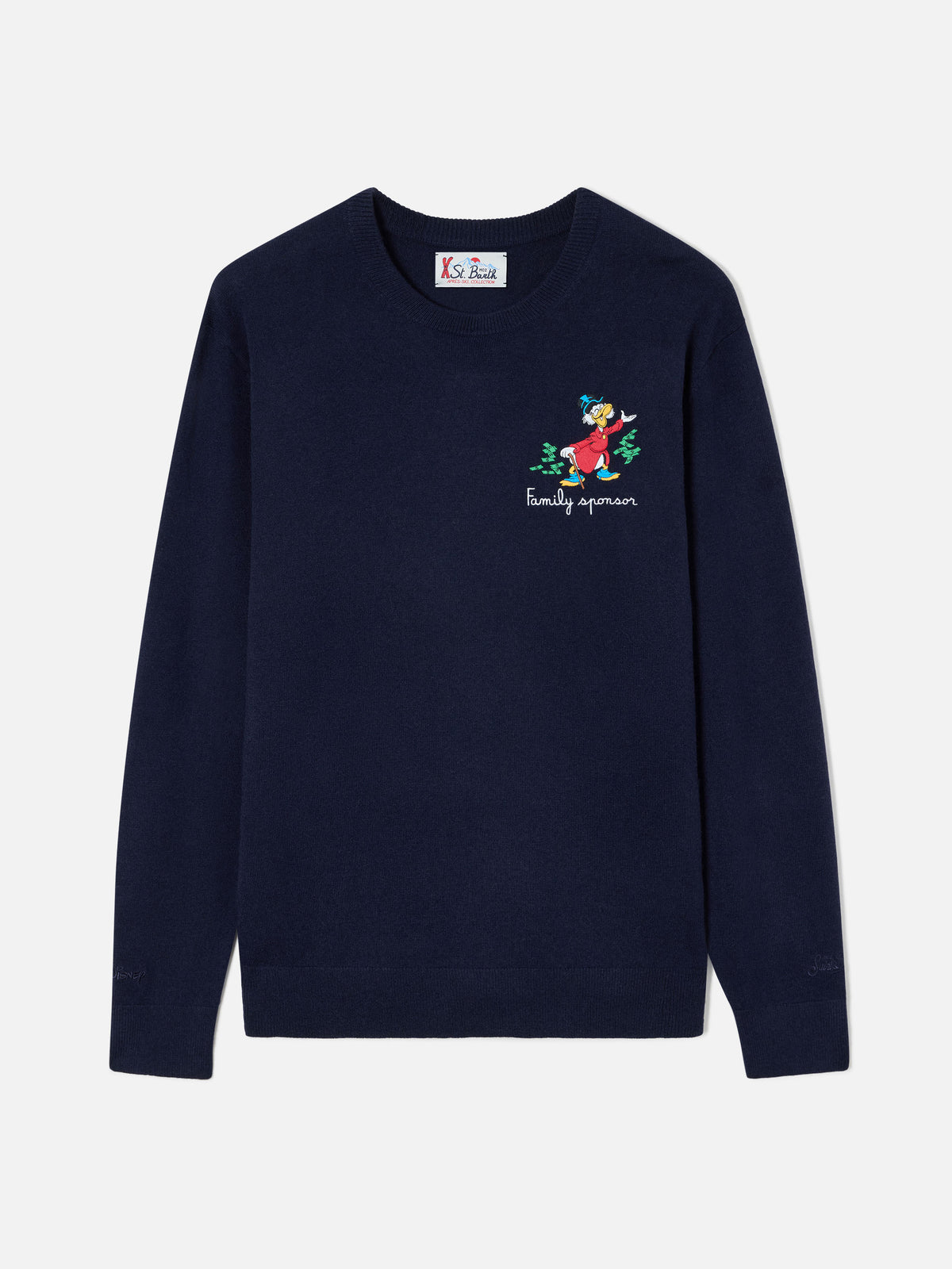 Azul marino blue Heron jersey de cuello redondo en mezcla ligera de lana y cachemira con bordado de Scrooge McDuck | Special edition 
