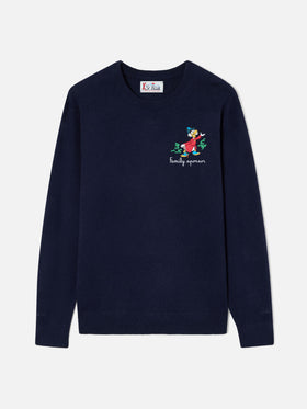 Azul marino blue Heron jersey de cuello redondo en mezcla ligera de lana y cachemira con bordado de Scrooge McDuck | Special edition 