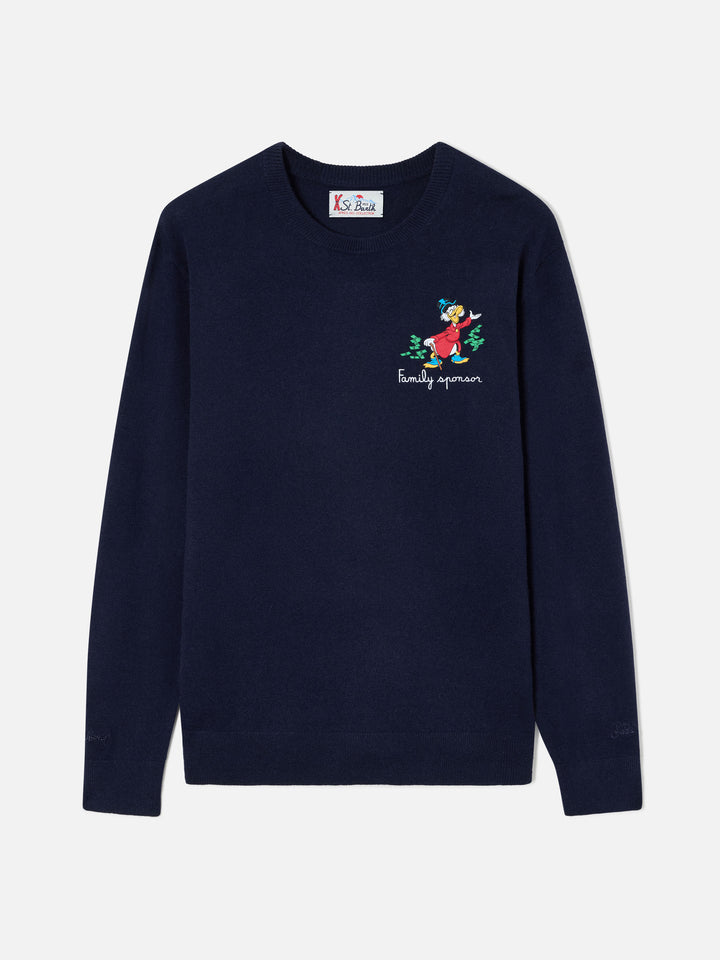 Azul marino blue Heron jersey de cuello redondo en mezcla ligera de lana y cachemira con bordado de Scrooge McDuck | Special edition 