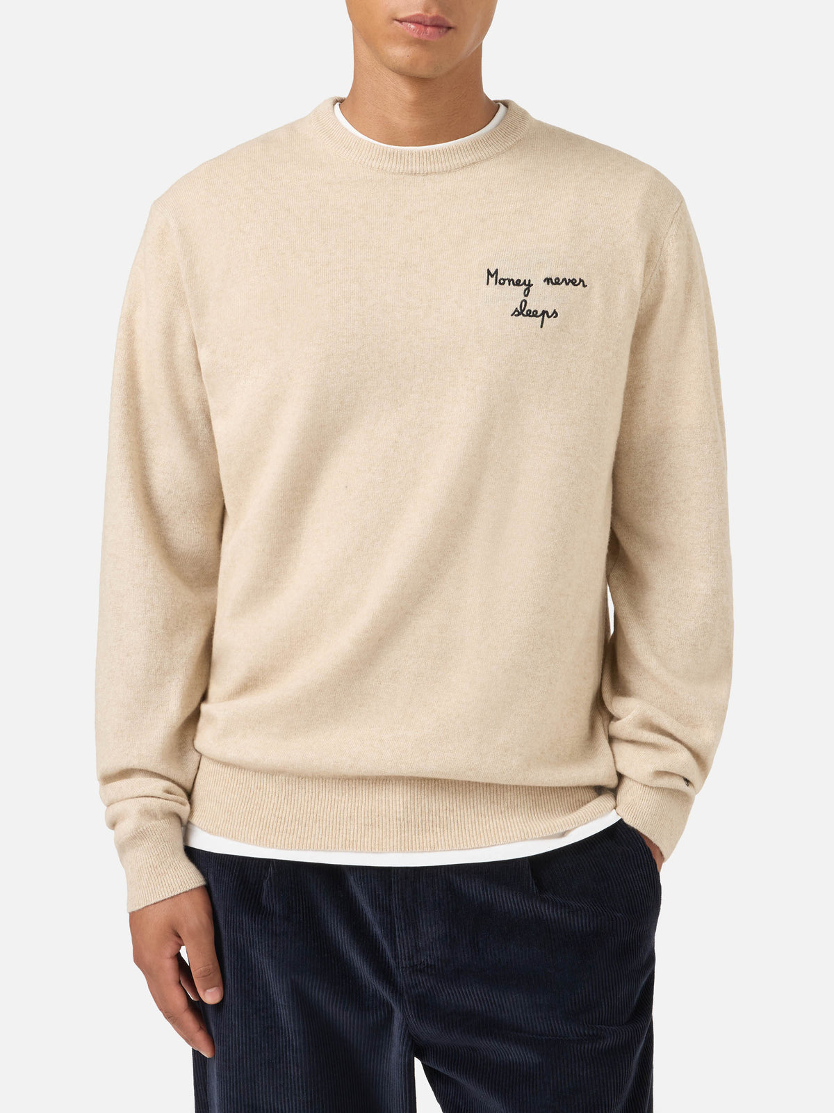 Jersey de punto con cuello redondo Heron Light en beige con bordado Wall Street Money Sleep 