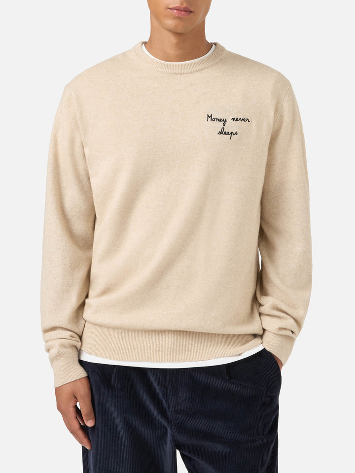 Heron Light crewneck knitwear in beige with Wall Street Money Sleep embroidery