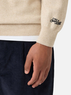 Jersey de punto con cuello redondo Heron Light en beige con bordado Wall Street Money Sleep 